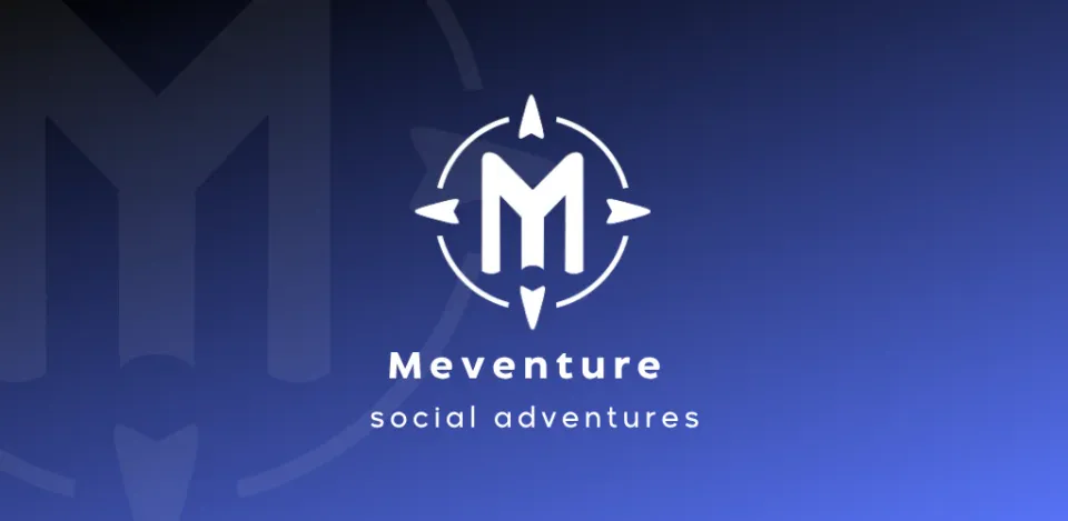 Das Meventure-Logo auf blauem Hintergrund