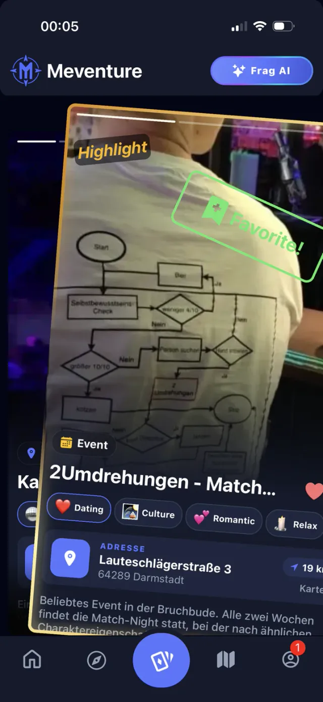 Meventure Heatmap: Live-Karte von Frankfurt mit Bars, Events und Locations