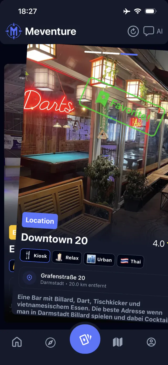 Meventure Heatmap: Live-Karte von Frankfurt mit Bars, Events und Locations